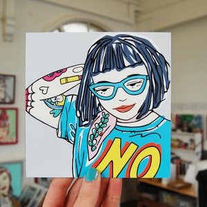 Tough Punk Girl With Tattoos Greetings Card, Geeky Girl Card With Blue Specs, Strong Girl Illustration, Attitude Card, Empowered Woman image 4