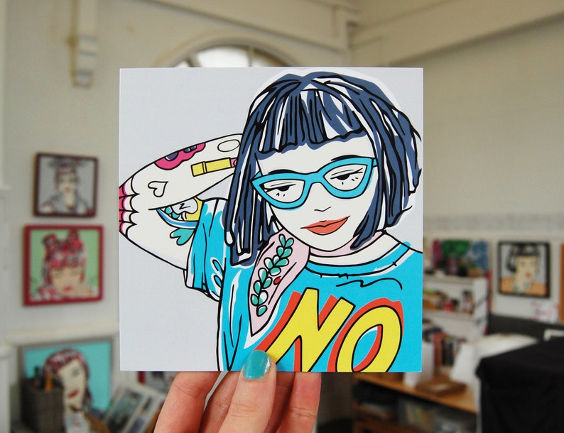 Tough Punk Girl With Tattoos Greetings Card, Geeky Girl Card With Blue Specs, Strong Girl Illustration, Attitude Card, Empowered Woman image 4