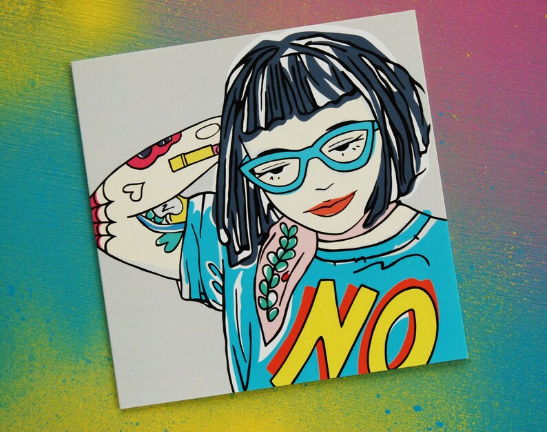 Tough Punk Girl With Tattoos Greetings Card, Geeky Girl Card With Blue Specs, Strong Girl Illustration, Attitude Card, Empowered Woman image 1