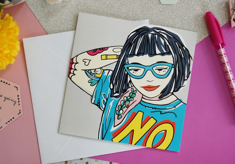 Tough Punk Girl With Tattoos Greetings Card, Geeky Girl Card With Blue Specs, Strong Girl Illustration, Attitude Card, Empowered Woman image 3