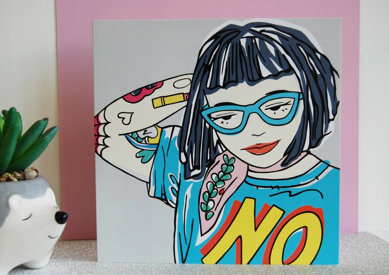 Tough Punk Girl With Tattoos Greetings Card, Geeky Girl Card With Blue Specs, Strong Girl Illustration, Attitude Card, Empowered Woman image 8