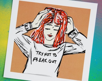 Don't Panic, Try Not To Freak Out Art Print, Funny Pop Art Style Print with Red Hair Girl and Text, Look After Yourself, Self Care Reminder