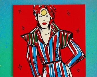 Ziggy Stardust Card, David Bowie Greetings Card, Pop Art Portrait Of David Bowie as Ziggy Stardust In Stripy Jumpsuit, Sketchy Comical Card