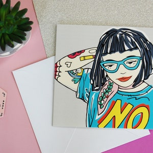 Tough Punk Girl With Tattoos Greetings Card, Geeky Girl Card With Blue Specs, Strong Girl Illustration, Attitude Card, Empowered Woman image 6