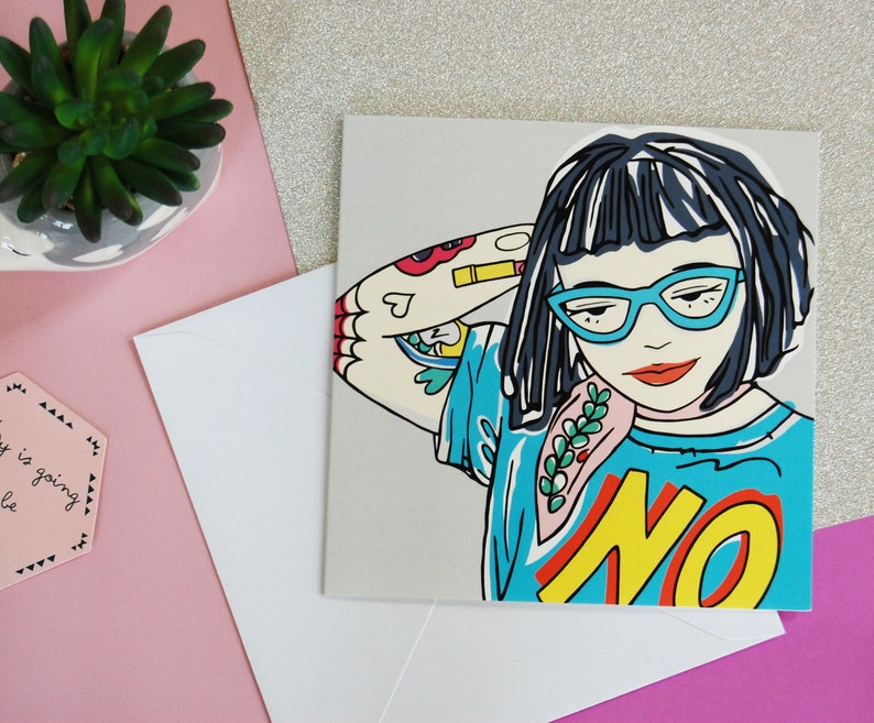 Tough Punk Girl With Tattoos Greetings Card, Geeky Girl Card With Blue Specs, Strong Girl Illustration, Attitude Card, Empowered Woman image 6