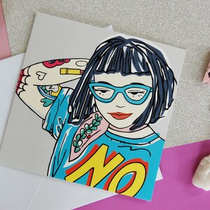 Tough Punk Girl With Tattoos Greetings Card, Geeky Girl Card With Blue Specs, Strong Girl Illustration, Attitude Card, Empowered Woman image 5