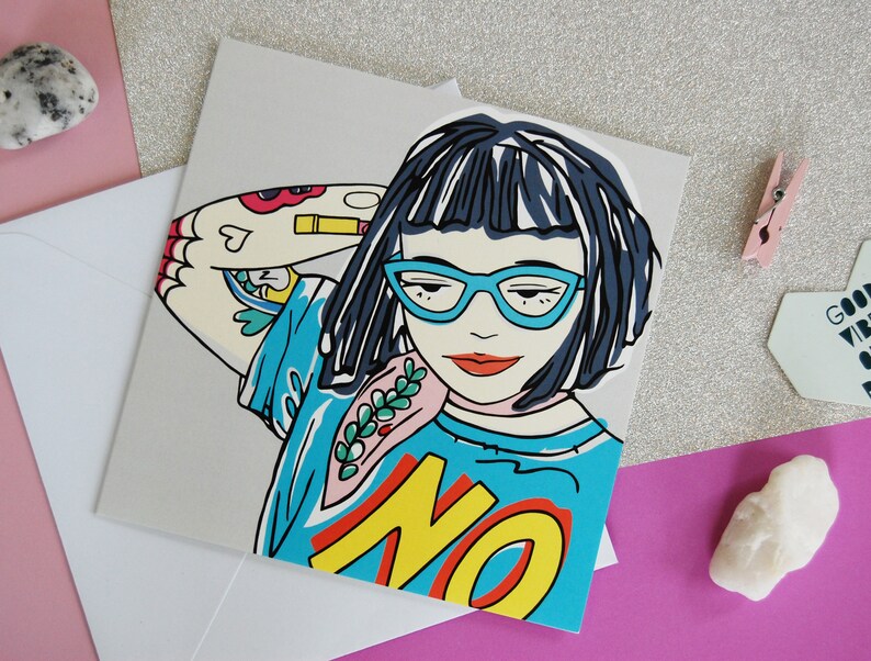 Tough Punk Girl With Tattoos Greetings Card, Geeky Girl Card With Blue Specs, Strong Girl Illustration, Attitude Card, Empowered Woman image 5