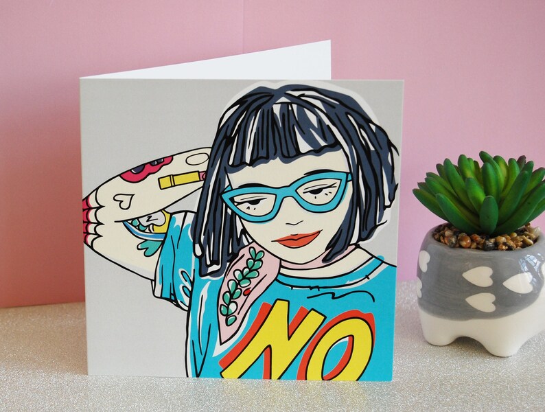 Tough Punk Girl With Tattoos Greetings Card, Geeky Girl Card With Blue Specs, Strong Girl Illustration, Attitude Card, Empowered Woman image 2