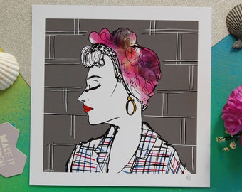 Rockabilly Girl Print, Fierce Girl With Pink Hairwrap, Red Lips, Check Shirt and Earring, 1940s Girl, Pretty Eyelashes, Pop Art Style Print