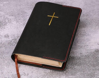 FULL GRAIN Black Leather KJV Bible Cover, Personalized Bible Cover with Gold Cross, Hand Stitched Leather Bible Case, Christian Gift