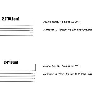 May include: Set of 10 sewing needles, 5 of each size. The needles are 2.3 inches (5.8 cm) long and 1.09 mm in diameter, and 2.4 inches (6 cm) long and 1.4 mm in diameter.