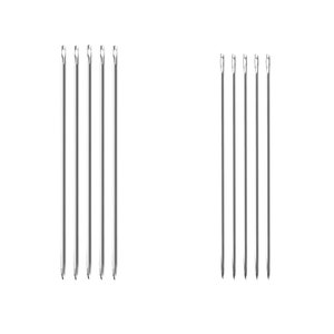 May include: A set of ten silver sewing needles, arranged in two rows of five needles each.