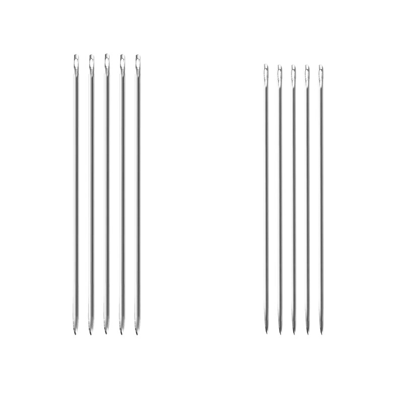 May include: A set of ten silver sewing needles, arranged in two rows of five needles each.