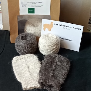 Könnte beinhalten: Ein Set zum Stricken von Alpaka-Handschuhen, bestehend aus zwei Garnknäueln, einem weißen und einem grauen, sowie zwei fertigen Handschuhen, einem weißen und einem grauen. Das Set enthält auch Anleitungen auf Französisch.
