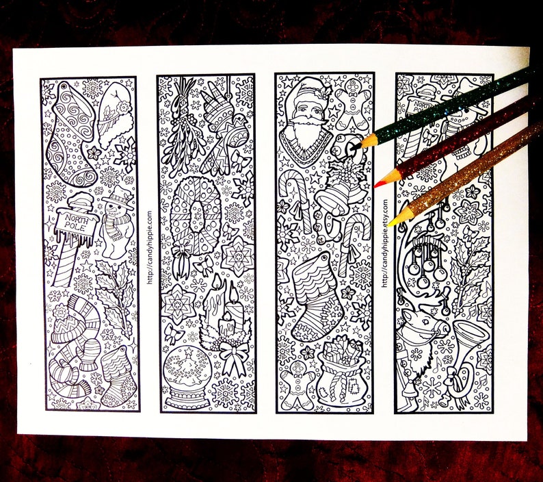 Christmas Bookmarks For Coloring With Santa Claus Reindeer Snowman Stockings Candy Canes Wreaths Snowflakes Printable Coloring Page