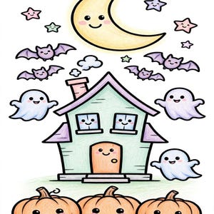 May include: A colorful illustration featuring a smiling yellow crescent moon, purple stars, and four flying bats above a light green house with a smiling door and windows. Three smiling orange pumpkins sit in the foreground with three white ghosts.