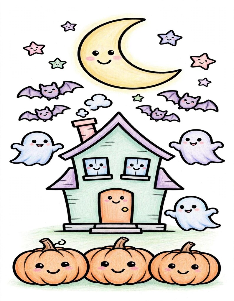 May include: A colorful illustration featuring a smiling yellow crescent moon, purple stars, and four flying bats above a light green house with a smiling door and windows. Three smiling orange pumpkins sit in the foreground with three white ghosts.