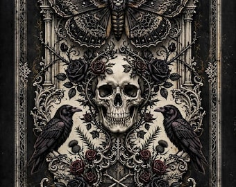 Gothic Wall Art, Cathedral Moth Skull Print, Death's-Head Black Roses Decor (Digital Download)