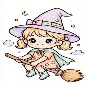 May include: A drawing of a character with blonde pigtails wearing a lavender witch hat with a pink bow, a peach dress with star patterns, a light green cape, and light green boots, flying on a brown broomstick amidst stars and clouds.