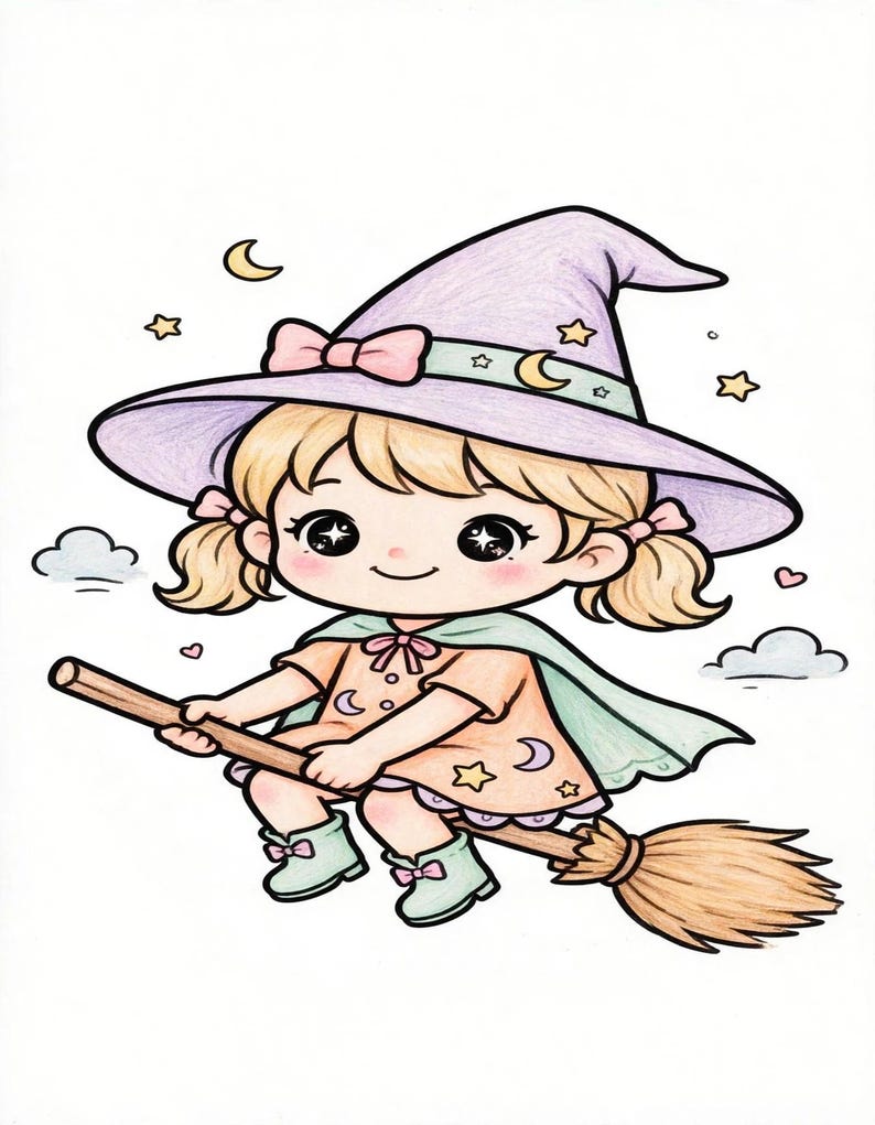 May include: A drawing of a character with blonde pigtails wearing a lavender witch hat with a pink bow, a peach dress with star patterns, a light green cape, and light green boots, flying on a brown broomstick amidst stars and clouds.