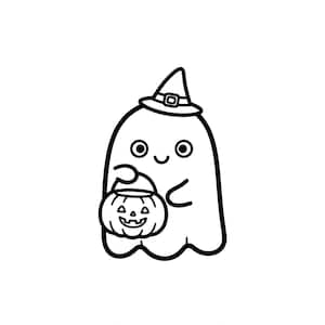 May include: A black and white line drawing of a ghost wearing a pointed witch hat. The ghost has a simple smiling face and is holding a small jack-o'-lantern pumpkin bucket with a carved face, designed for collecting treats.