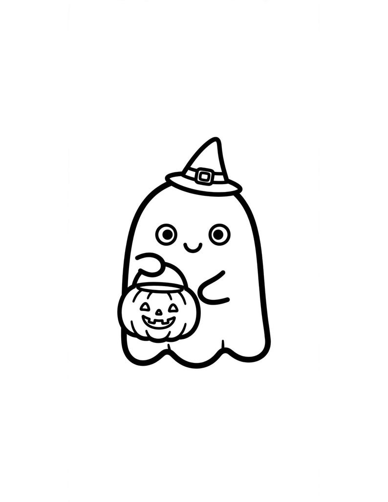 May include: A black and white line drawing of a ghost wearing a pointed witch hat. The ghost has a simple smiling face and is holding a small jack-o'-lantern pumpkin bucket with a carved face, designed for collecting treats.