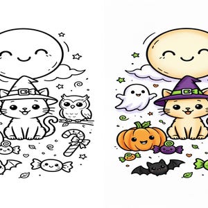 K&ouml;nnte beinhalten: Eine Illustration mit einer Schwarz-Wei&szlig;-Malvorlage auf der linken Seite und einer farbigen Version auf der rechten Seite. Beide zeigen eine l&auml;chelnde Katze mit einem violetten Hexenhut, ein Gespenst, eine Eule, einen K&uuml;rbis und S&uuml;&szlig;igkeiten.