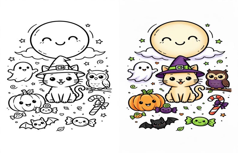 K&ouml;nnte beinhalten: Eine Illustration mit einer Schwarz-Wei&szlig;-Malvorlage auf der linken Seite und einer farbigen Version auf der rechten Seite. Beide zeigen eine l&auml;chelnde Katze mit einem violetten Hexenhut, ein Gespenst, eine Eule, einen K&uuml;rbis und S&uuml;&szlig;igkeiten.