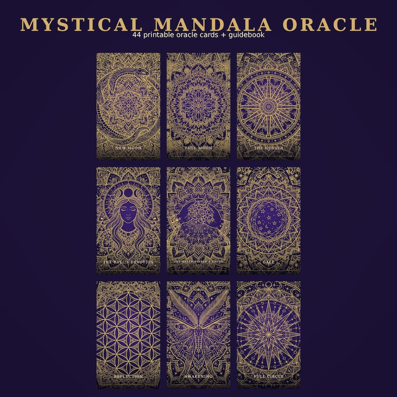 Oracle Cards Printable, Mystical Mandala Oracle Deck, 44 Oracle Cards + Guidebook, Moon Phase Divination Deck, Instant Download image 1
