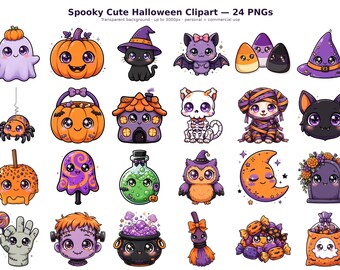 Spooky Cute Halloween Clipart PNG | 24 Kawaii Transparent Stickers | Ghost Pumpkin Bat Witch Cat | Digital Download