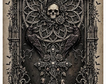 Gothic Wall Art, Cathedral Rose Window Print, Gargoyles Ravens Skulls (Digital Download)