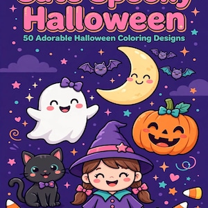 May include: A coloring book cover titled Cute Spooky Halloween 50 Adorable Halloween Coloring Designs by Ren Hollis. The purple cover features a smiling ghost, a crescent moon, a jack-o'-lantern, a black cat, and a witch with pigtails.