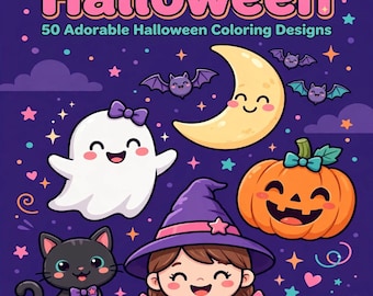 Halloween Coloring Pages, 50 Cute Spooky Coloring Pages, Kawaii Halloween Printable PDF, Kids Adults Coloring Book, Instant Download