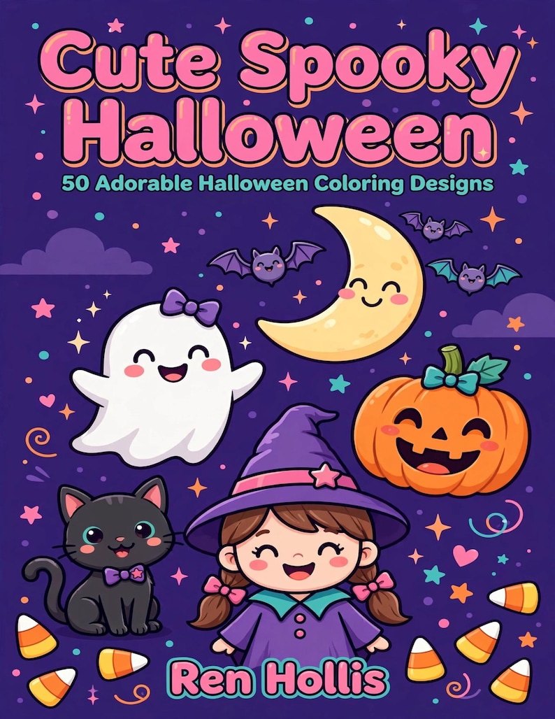 May include: A coloring book cover titled Cute Spooky Halloween 50 Adorable Halloween Coloring Designs by Ren Hollis. The purple cover features a smiling ghost, a crescent moon, a jack-o'-lantern, a black cat, and a witch with pigtails.