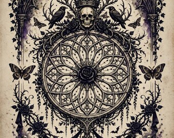 Gothic Wall Art, Crowned Skull Victorian Cathedral Decor, Dark Ornate Printable (Digital Download)