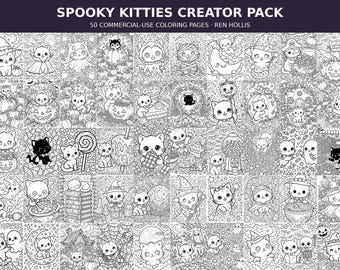Może przedstawiać: Zbiór 50 czarno-białych kolorowanek zatytułowany SPOOKY KITTIES CREATOR PACK autorstwa Ren Hollis. Strony zawierają różnorodne ilustracje kociąt w kostiumach na Halloween, z dyniami, duchami, słodyczami i magicznymi przedmiotami.