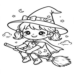 May include: A black and white line art coloring page illustration of a young character wearing a pointed witch hat with a bow, a cape, and boots, flying on a broomstick. The scene includes small stars, crescent moons, and clouds.