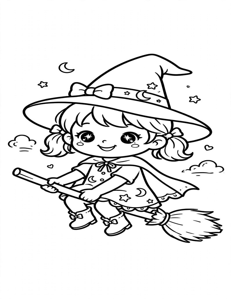 May include: A black and white line art coloring page illustration of a young character wearing a pointed witch hat with a bow, a cape, and boots, flying on a broomstick. The scene includes small stars, crescent moons, and clouds.
