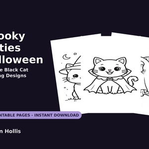 K&ouml;nnte beinhalten: Ein digitales Malbuch mit dem Titel Spooky Kitties Halloween von Ren Hollis, das 50 niedliche Malvorlagen mit schwarzen Katzen enth&auml;lt. Das Cover zeigt drei wei&szlig;e Seiten mit schwarzen Strichzeichnungen von Katzen in Kost&uuml;men.