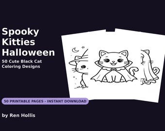 Może przedstawiać: Cyfrowa kolorowanka zatytułowana Spooky Kitties Halloween autorstwa Ren Hollis, zawierająca 50 wzorów z czarnymi kotami. Okładka przedstawia trzy białe strony z czarnymi rysunkami liniowymi przedstawiającymi koty w kostiumach.