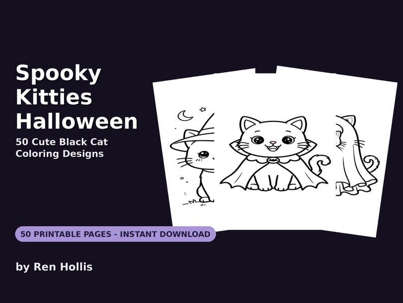 K&ouml;nnte beinhalten: Ein digitales Malbuch mit dem Titel Spooky Kitties Halloween von Ren Hollis, das 50 niedliche Malvorlagen mit schwarzen Katzen enth&auml;lt. Das Cover zeigt drei wei&szlig;e Seiten mit schwarzen Strichzeichnungen von Katzen in Kost&uuml;men.