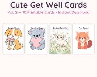 Cute Get Well Cards Vol 2 Printable, 10 Kawaii Get Well Soon Cards, Thinking of You & Feel Better Cards, 5x7 Folded, Instant Download