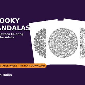 Może przedstawiać: Cyfrowa kolorowanka zatytułowana Spooky Mandalas: 50 Halloween Coloring Pages for Adults autorstwa Ren Hollis. Obraz przedstawia trzy białe strony z misternymi czarno-białymi okrągłymi wzorami mandali z motywami dyń.