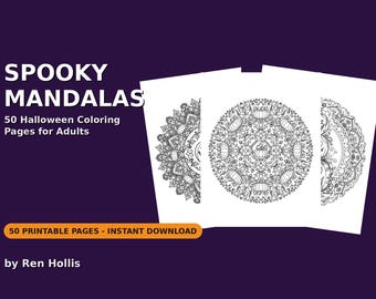 Straszne kolorowanki z mandalami dla dorosłych | 50 mandali na Halloween do druku, książka do kolorowania w formacie PDF, pomoc w radzeniu sobie ze stresem, do pobrania natychmiast