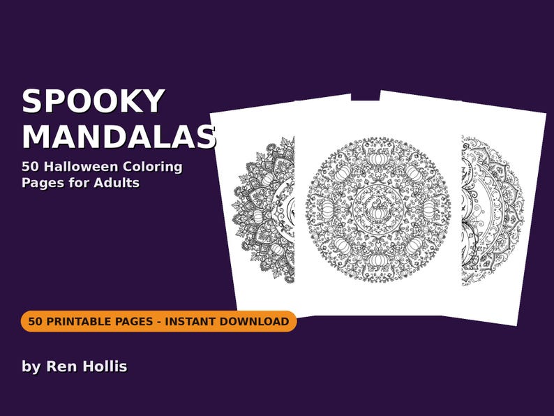 Może przedstawiać: Cyfrowa kolorowanka zatytułowana Spooky Mandalas: 50 Halloween Coloring Pages for Adults autorstwa Ren Hollis. Obraz przedstawia trzy białe strony z misternymi czarno-białymi okrągłymi wzorami mandali z motywami dyń.