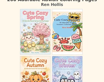Kawaii Coloring Pages, 200 Cozy Seasons Mega Bundle, Spring Summer Fall Winter (PDF)