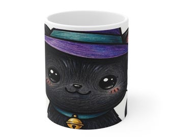 Black Cat Witch Hat Mug — Cute Halloween Cat Coffee Mug 11oz