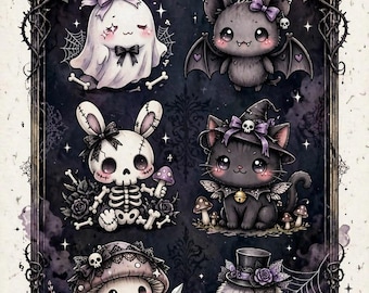 Gothic Wall Art, Kawaii Creatures Print, Spooky Ghost Bat Cat Poster (Digital Download)