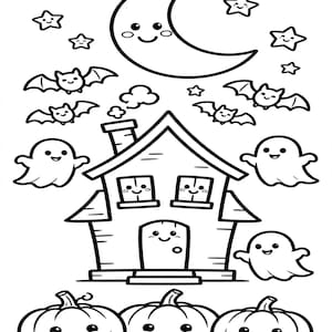 May include: A black and white coloring page featuring a smiling crescent moon, stars, and four flying bats above a house with a smoking chimney. Three smiling ghosts surround the house, and three smiling pumpkins sit in the foreground.