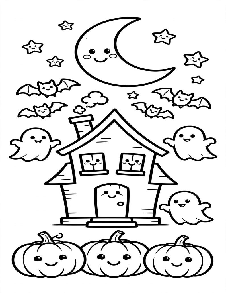 May include: A black and white coloring page featuring a smiling crescent moon, stars, and four flying bats above a house with a smoking chimney. Three smiling ghosts surround the house, and three smiling pumpkins sit in the foreground.
